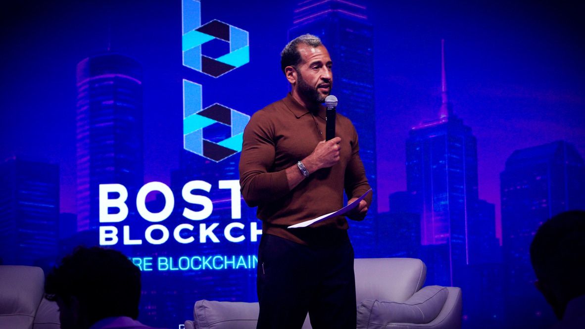 Ian Cain opening Boston Blockchain Week on stage